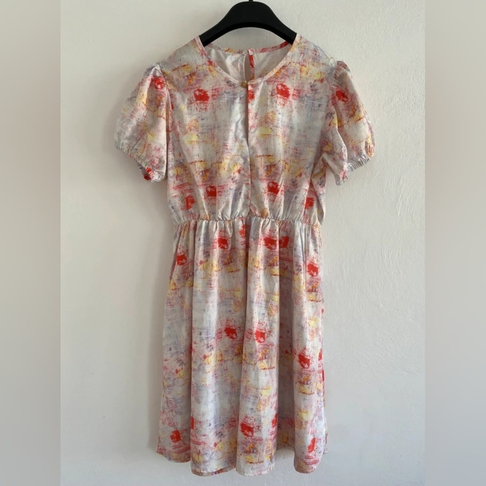 Abstract Floral Print Puff Sleeve Dress - White with Coral & Yellow